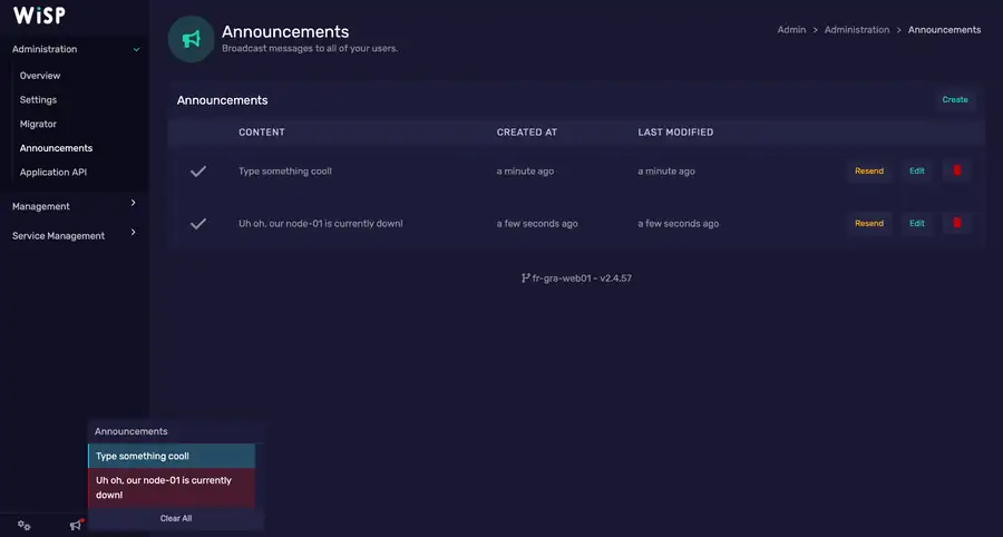 WISP administration announcements interface